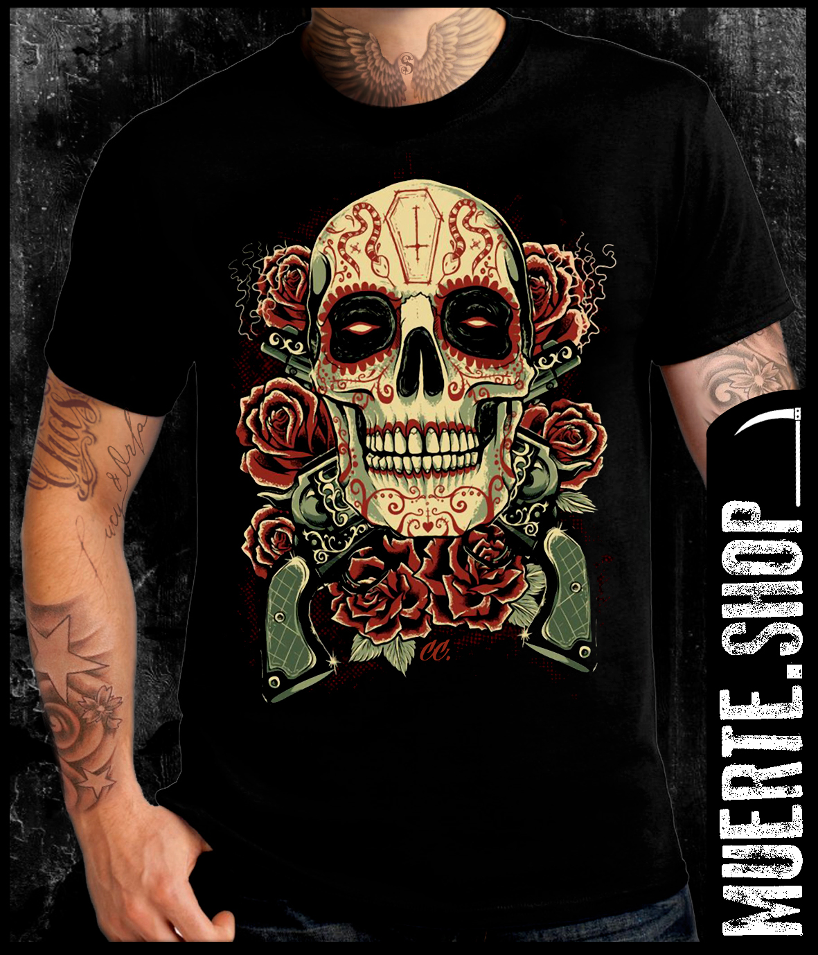 Черна тениска SUGARSKULL 2 GUNS